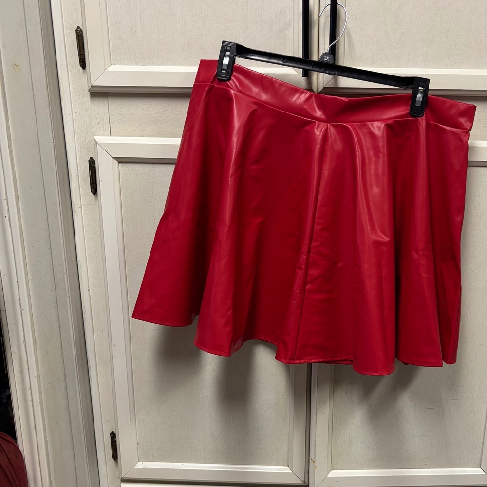 Red Faux Leather Mini Skirt, Above Knee Length, Flared A-Line, Party, Club